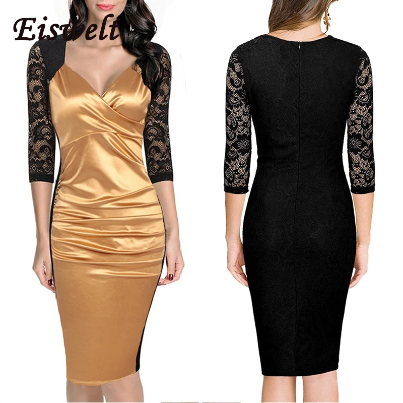 EISWELT Summer Dress Women New Robe Femme Sexy Sheer Lace Pencil Patchwork Knee Length Bodycon Evening Party Black | Женская одежда