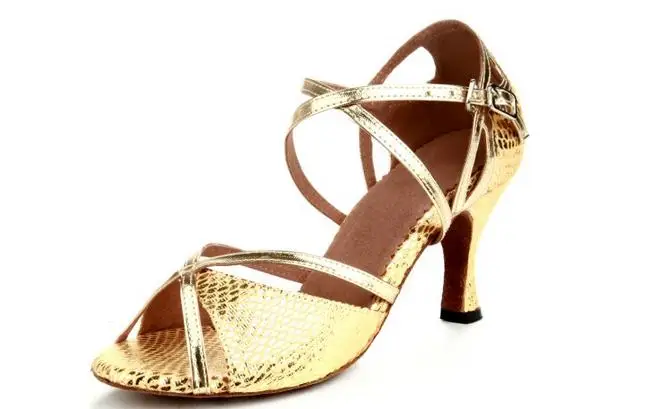 Gold heel 85mm Высококачественная танцевальная обувь; Обувь для бальных танцев; обувь для латинских танцев; искусственная кожа; змеиная кожа; рифленая подошва; мягкая подошва; спортивная женская обувь; Сальса; танцевальный каблук 8 см - Цвет: Gold heel 85mm