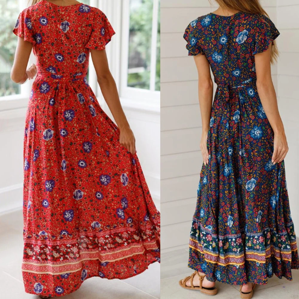 Новинка Платье макси с цветочным принтом женское бохо для вечеринки летнее