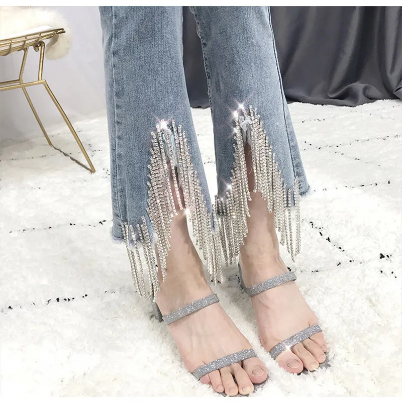 

Женские Стразы расклешенные джинсы с бисером и кисточками на цепочке Новинка 2019 женские узкие эластичные джинсовые брюки до щиколотки с за...