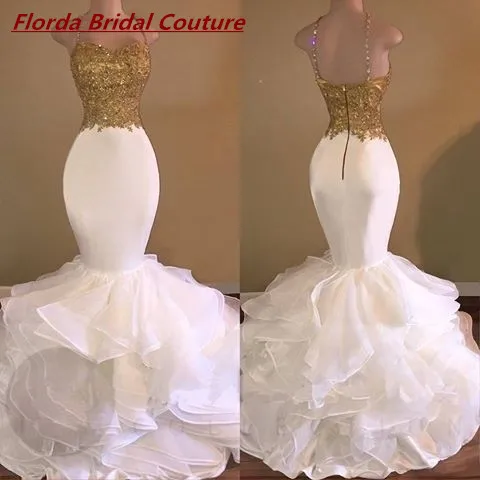2017 Белый Русалка Пром Dress Холтер Золото Аппликации Многоуровневое Вечерние