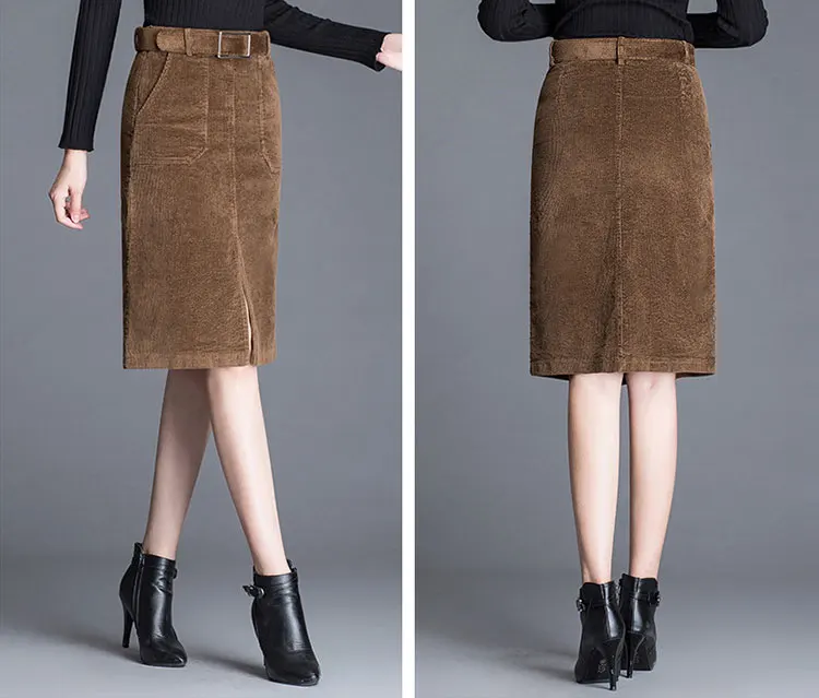 Casual Corduroy Skirts Womens Autumn Winter Black Brown Knee-Length High Waist Skirt Plus Size 3XL Ladies Slim Straight Skirt
