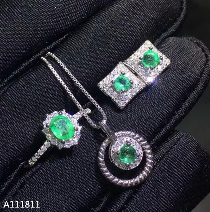 

KJJEAXCMY boutique jewels 925 pure silver inlaid natural emerald lady Ring + pendant ear stud suit support test zxcv