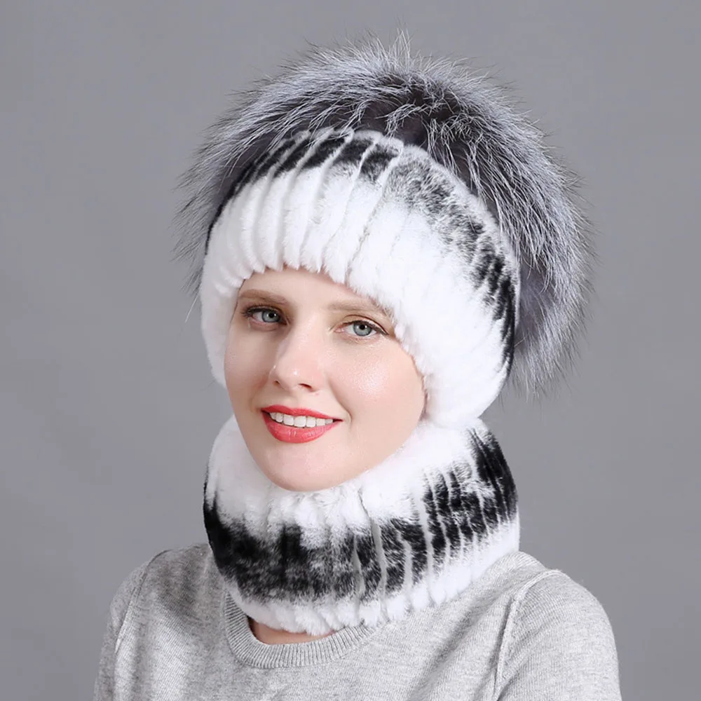 New Rex Rabbit Fur Pom pom Hats Scarf Set Winter Women Fur Beanie Fashion Outdoor Warm Skullies for Lady Scarf Ring