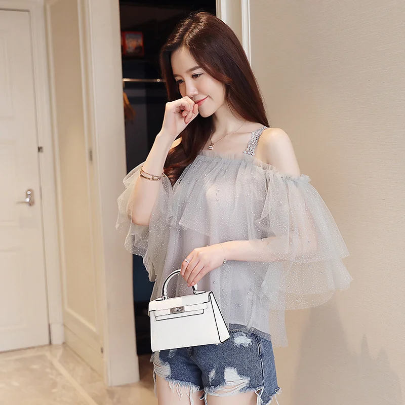

2019 New Fashion chiffon blouse womens clothing white blouse sexy women shirts short sleeve blouses lace women tops 1988 50