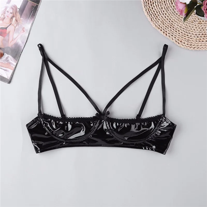 Sexy Womens Soft Sheer Adjustable Spaghetti Straps Open Cups Bra Lingerie Faux Leather Wire-free Unlined Bra Tops Bralette Black