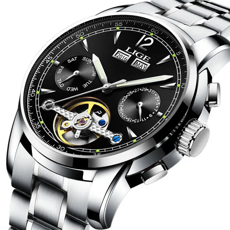 silver black Relojes LIGE, Мужские автоматические механические Спортивные часы, мужские роскошные Брендовые повседневные часы, мужские наручные часы, армейские часы, relogio masculino - Цвет: silver black