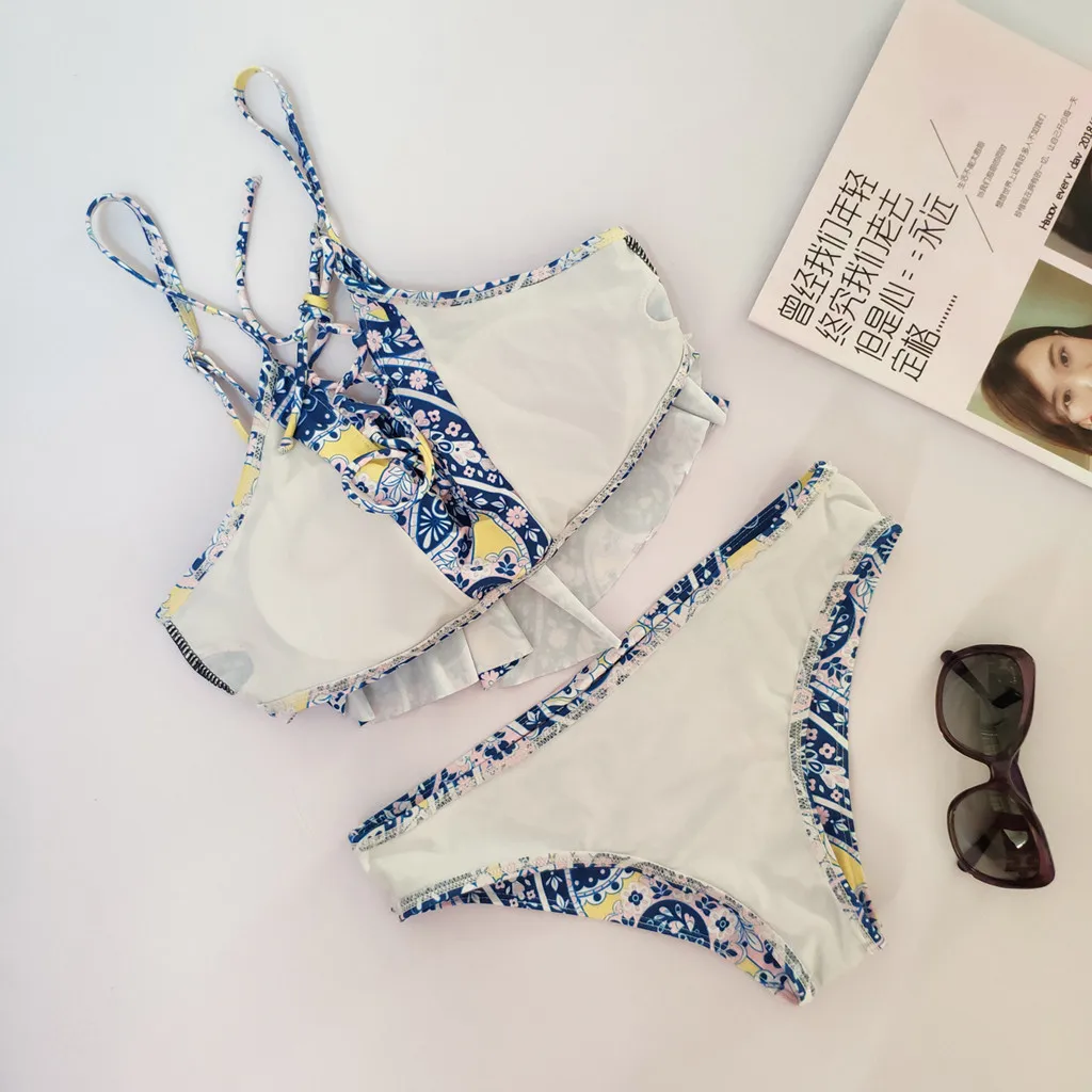 

2020 Mujer Sexy Bikini Set Strap Swimwear Print Ruffle Swimsuit Bathing Suit Women Push Up Padded Bikini Maillot De Bain Femme