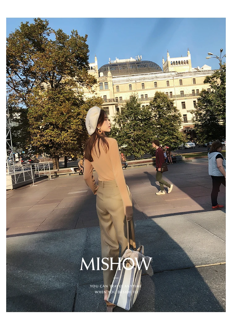Mishow Широкие брюки для женщин Свободные брюки для женщин Черная высокая талия Самопоясанная коробка Плиссированные брюки Palazzo MX18C2718
