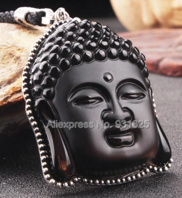Серебро 925 натуральный Ice обсидиан ручной резной китайский головы Будды Лаки