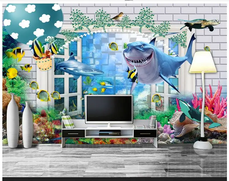 

3D обои, настенные фрески, пользовательская картина, Настенная бумага, 3D акулы, 3D обзор подводного мира, фоновые картины, декор для стен