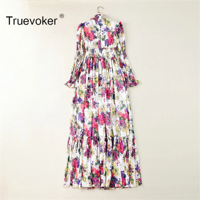 Truevoker Дизайнерские макси Vestido Женские высокого качества с длинным рукавом Необычные цветочные печатные праздничное длинное шелковое платье для отдыха