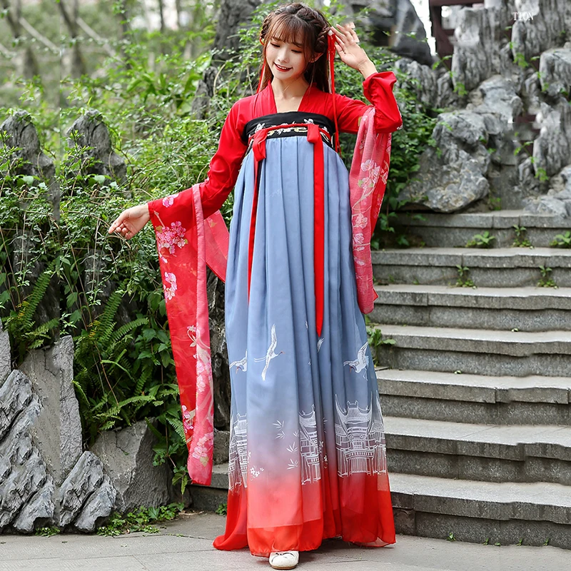 Hanfu Женская Китайская вышивка танцевальные костюмы сказочные платья принцессы фолклорике платье традиционная Династия Тан одежда DN3601