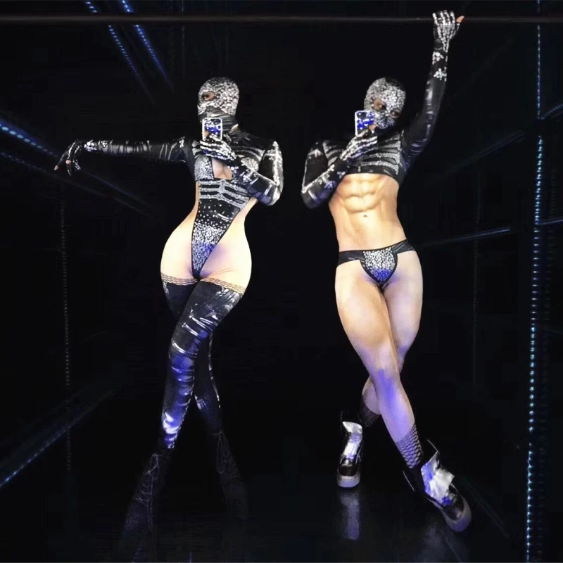 男性女性ナイトクラブ Dj 歌手ステージ着用ポールダンスアクロバティックなパフォーマンス衣装人格パターン印刷マスクジャンプスーツ Leather Bag
