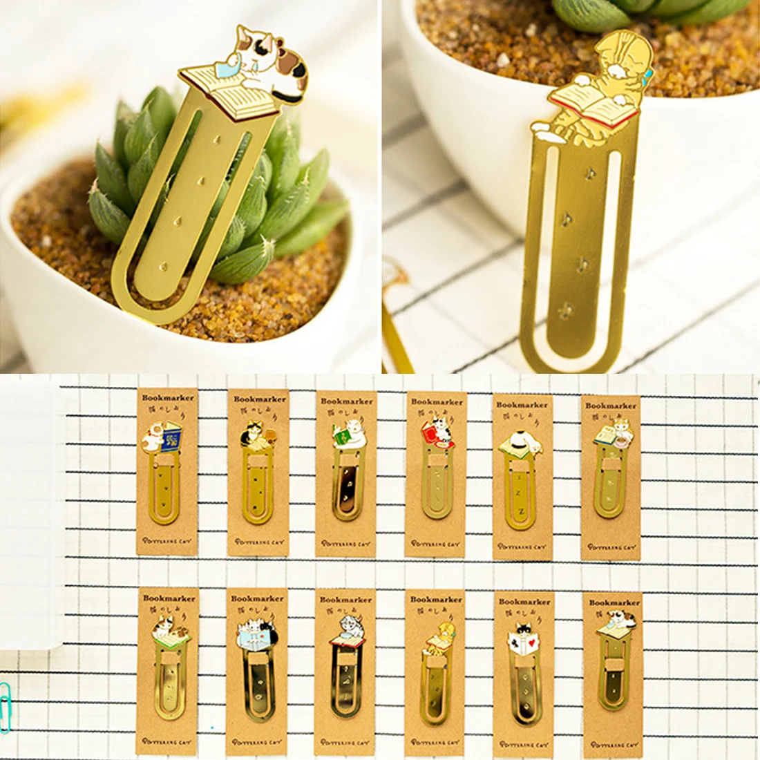 

FangNymph Cute kitty Metal Bookmark Cartoon Pottering Cat Book Mark Tool Clip Page Bookmarks School Office Supplies stationery