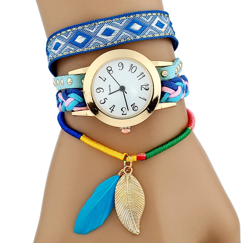 Fashion Women Casual Feather Leaf Flower Bracelet Quartz Weave Wristwatch Dress Vintage Watch | Наручные часы