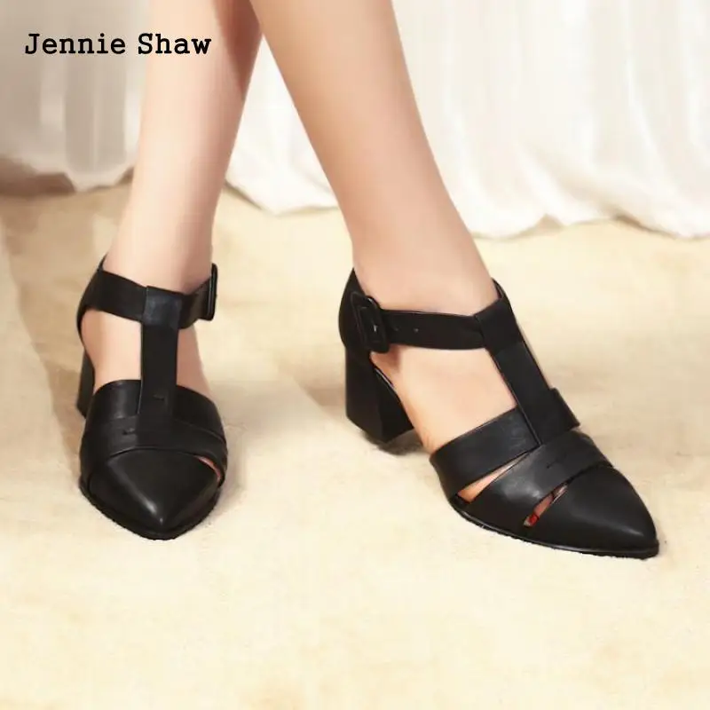 

Rome Summer Genuine Leather Shoes For Women Pointed High Heeled Sandals T Strap Hollowed Out