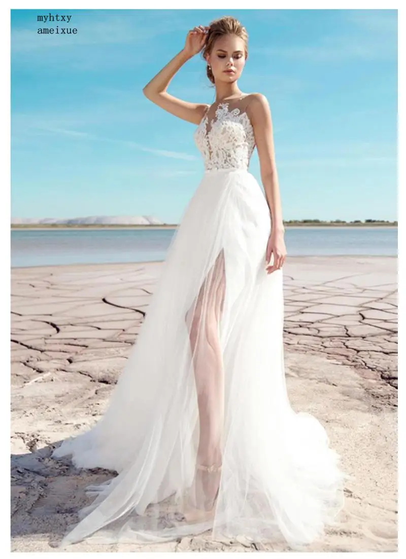 Кружевной топ дешевое свадебное платье 2020 с Боковым Разрезом аппликации А