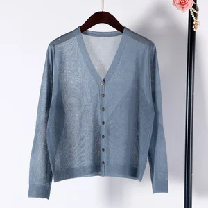 Кардиган Shuchan женский тонкий, льняной однобортный свитер с V-образным вырезом, длинный рукав, топ, лето 2019