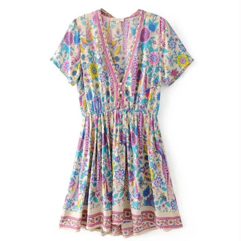 2018 Летний стиль Для женщин v образным вырезом короткий рукав лето Винтаж Boho