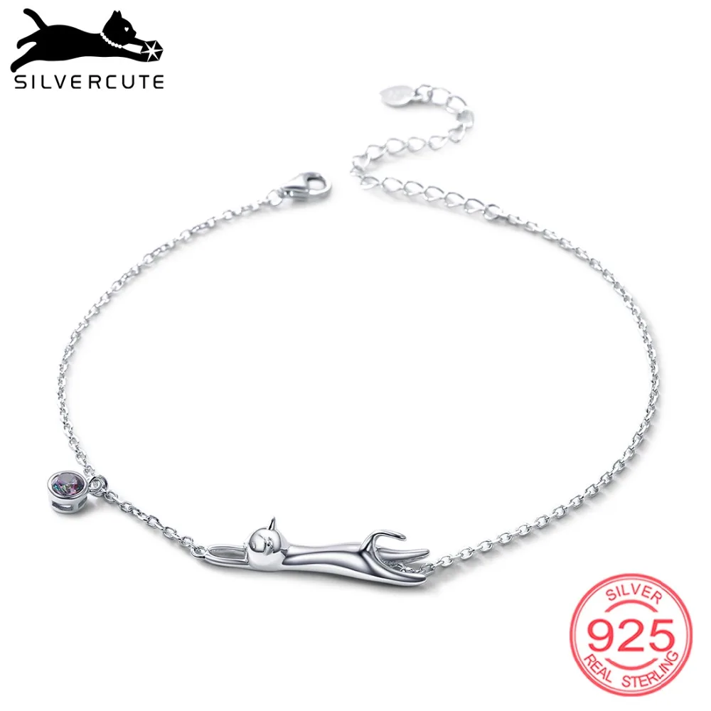 SILVERCUTE ножной браслет с котом для женщин подлинное серебро 925 пробы летние