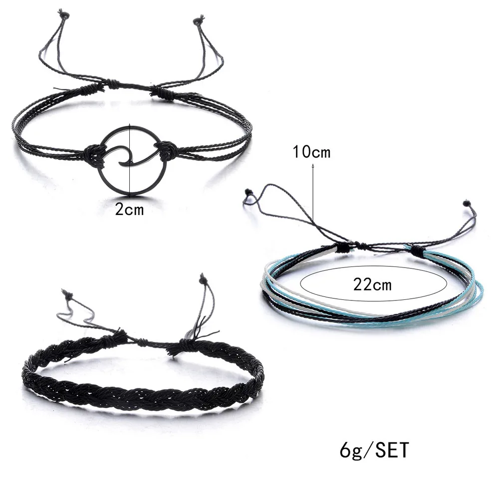 3 шт. богемные браслеты с серебряными волнами для женщин веревка пляжные