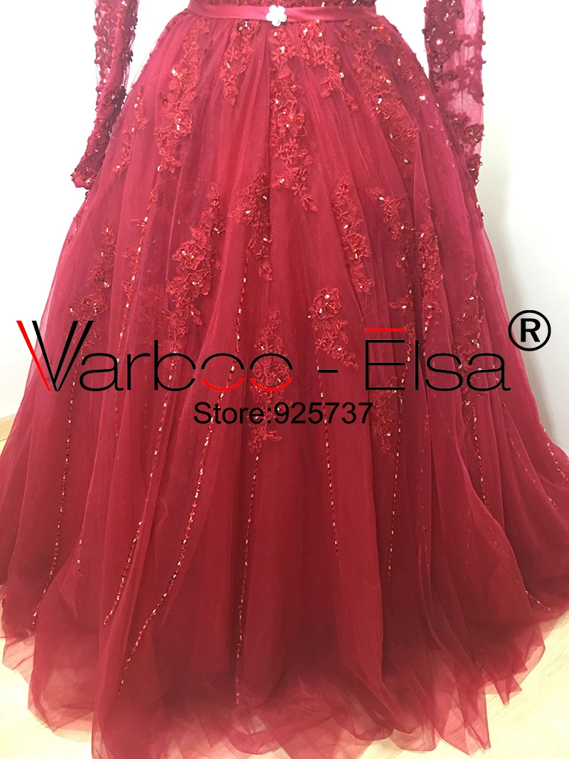 VARBOO_ELSA vestido de noiva Бисер V образным вырезом торжественные платья с красным кружевом с длинным шлейфом мяч халат с рукавами до локтя, свадебные платья в Китае
