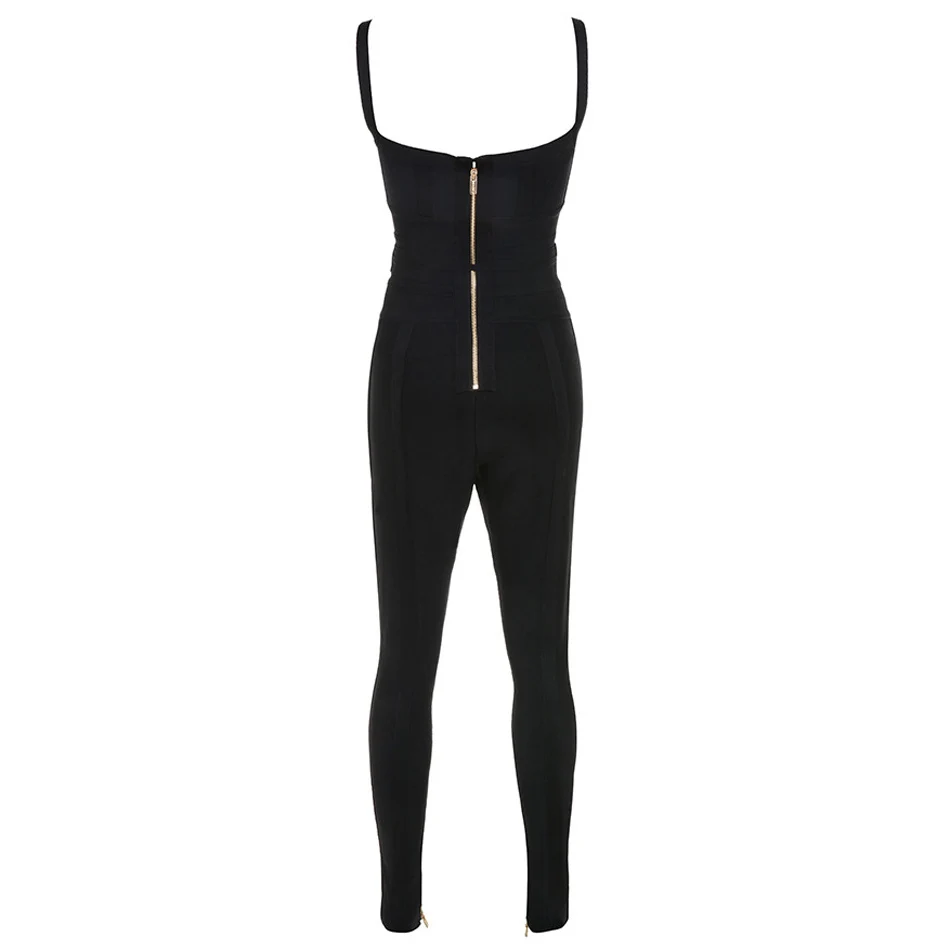 Slim Spaghetti Strap Lace Up Bandage Legging V Neck Zipper Embellished Cold Shoulder Sleeveless Long Leg Skinny Jumpsuit | Женская