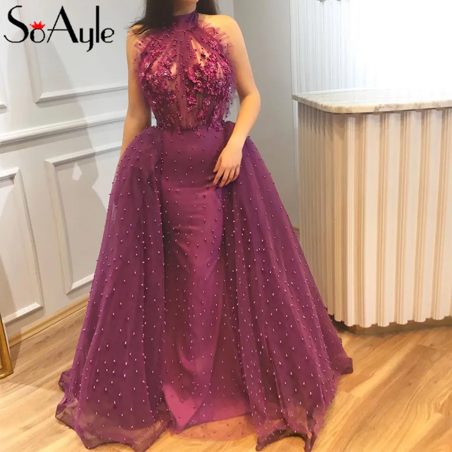 

SoAyle Ball Gown Prom Dresses 2018 Halter Detachable Prom Dress Flowers Pearls Beading Purple Evening dress vestido longo