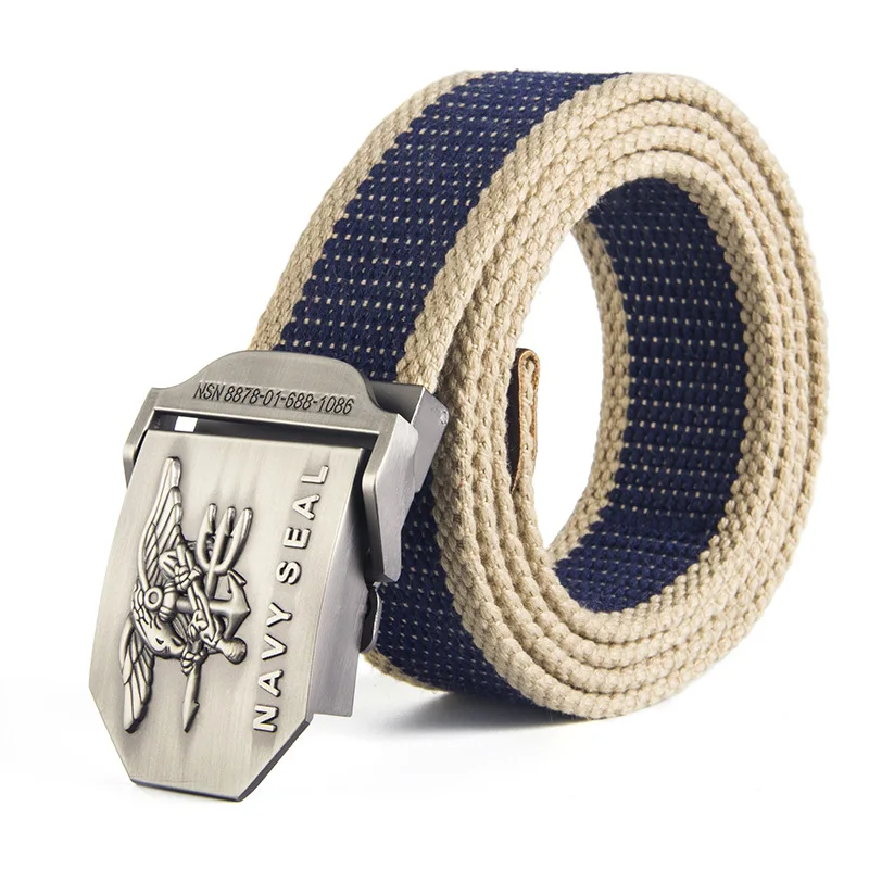 Blue Stripes Belt 12 типов холщовый мужской ремень темно-синего цвета с металлической гладкой пряжкой полосатый мужской ремень из сплава орла армейский ремень длинный Регулируемый черный пояс для талии - Цвет: Blue Stripes Belt