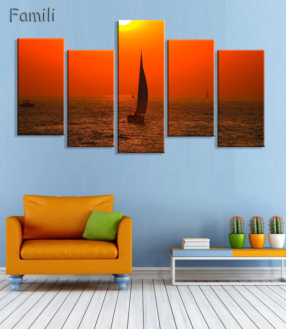 5 панельных холщовых картин с парусником для гостиной современные декоративные
