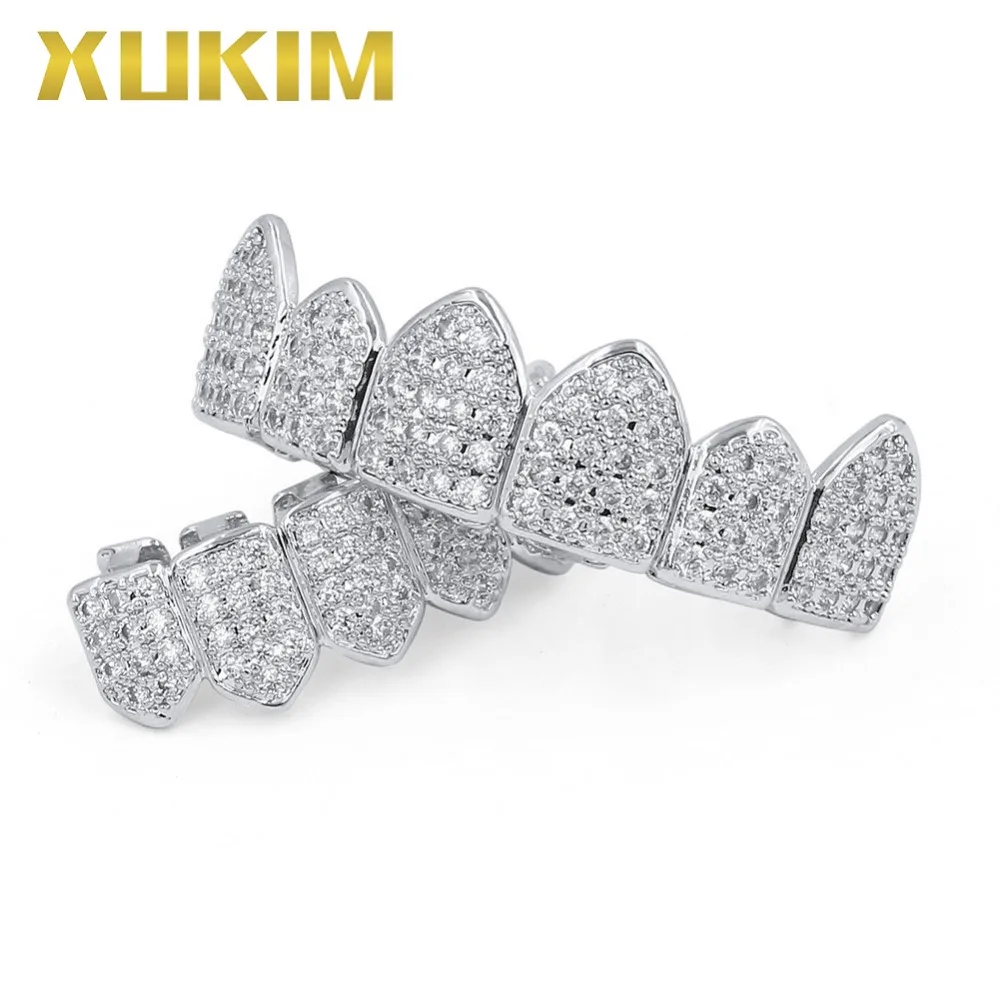 Xukim ювелирные изделия Bling Bing серебряный золотой цвет Цирконий льдом сверху и снизу зубы Grillz Вампира Клыки Рэпер Хип-хоп ювелирные изделия подарок