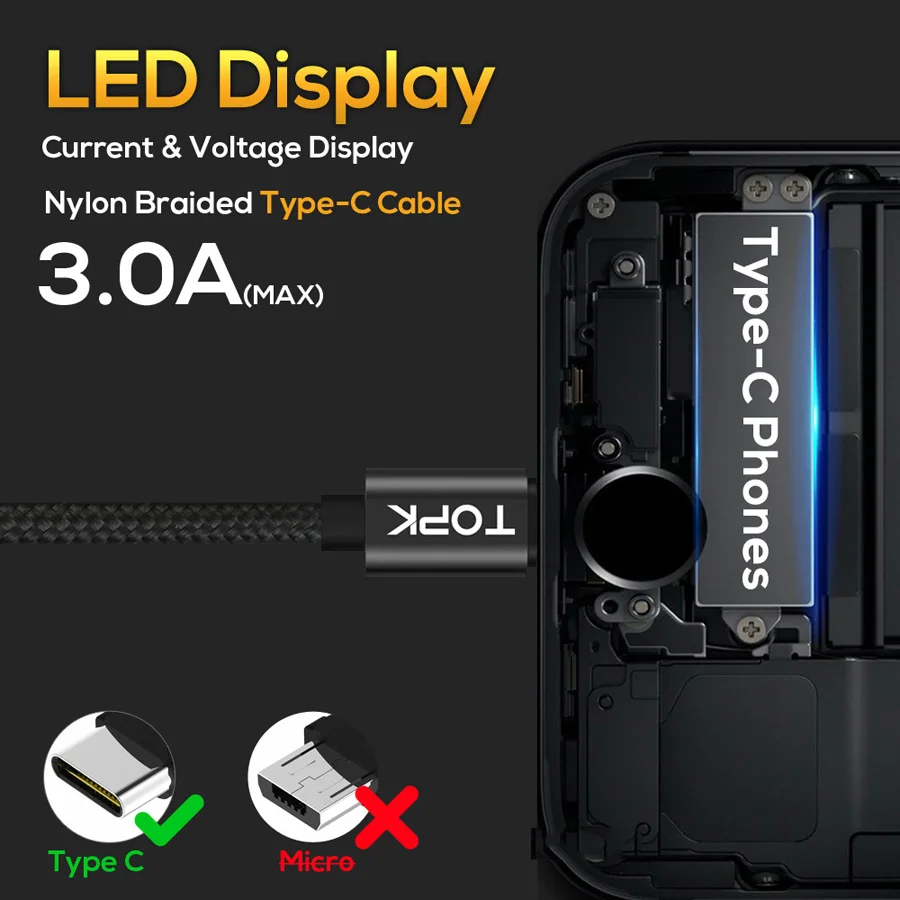 Кабель TOPK DLine1 usb type C с дисплеем напряжения и тока нейлоновый плетеный кабель для