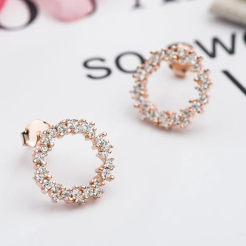 925 пробы серебрянная шпилька золотые розовые серьги набитый хрусталем стразами и