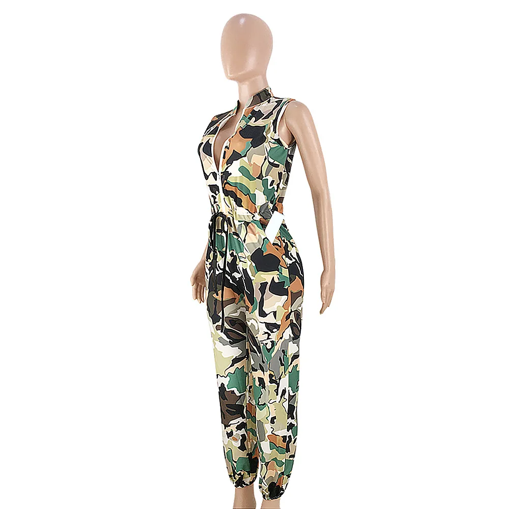 Женский камуфляжный комбинезон без рукавов на молнии спереди | Женская одежда