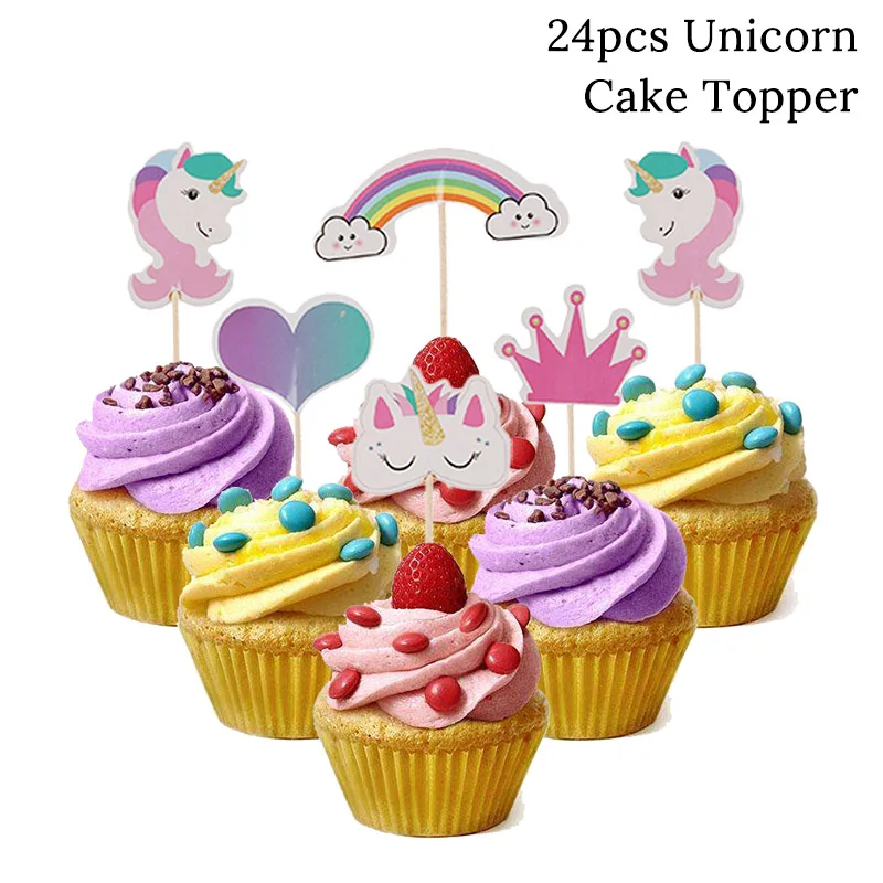 24Pcs cake decor 2 WEIGAO Единорог День Рождения украшения дети мультфильм лошадь одноразовые наборы посуды 1-й бумажный стаканчик для дней рождения/шляпа/салфетки сувениры - Цвет: 24Pcs cake decor 2