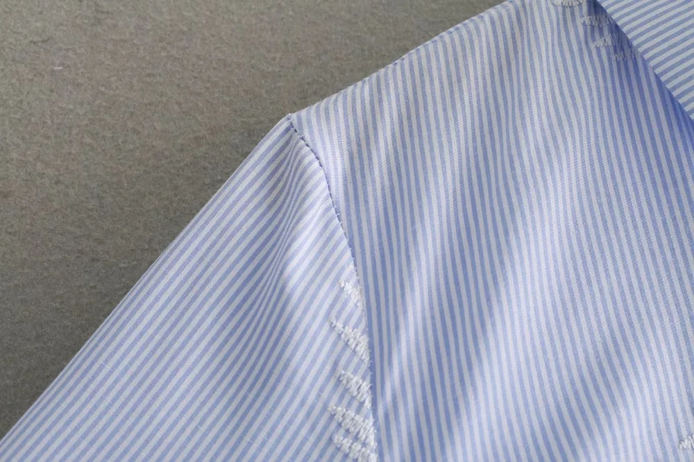 VOGUEIN New Womens Lapel Leaf Embroidered Striped Bow Belt Long Blouse Shirt Wholesale |