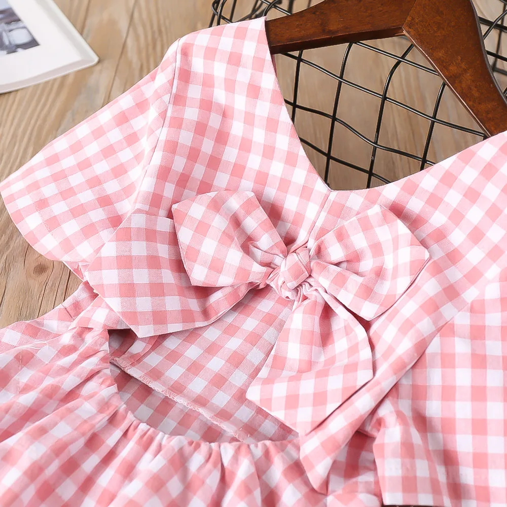 Cielarko Girls Plaid Dress Backless Bow Vintage Kids Dresses Summer Classic Baby Frock Short Sleeve Casual Children Clothing | Детская