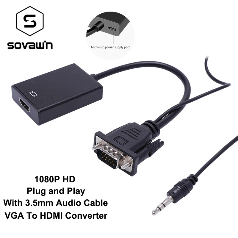 Sovawin преобразователь из VGA в HDMI адаптер с 3 5 мм аудио USB Micro Power 1080P HD Plug and Play мини