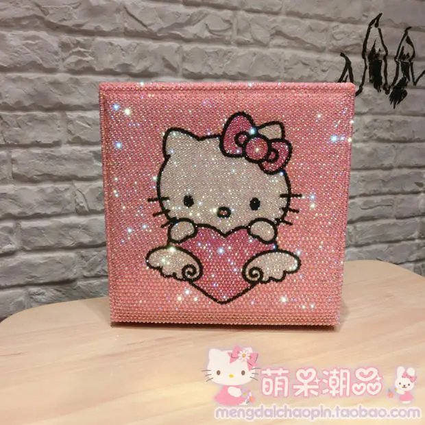 Ручная работа hello kitty, алмазная коробка для хранения, органайзер, стразы, органайзер для макияжа, деревянная Ювелирная коробка, контейнер для хранения бусин, милые