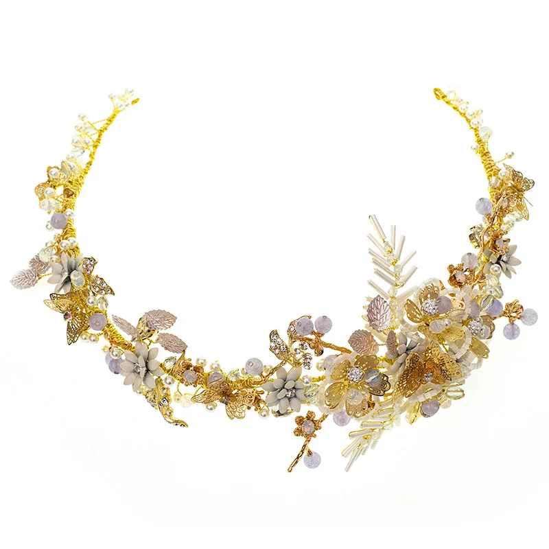 Европейская Золотая Бабочка Свадебная лента для волос ручной работы цветок