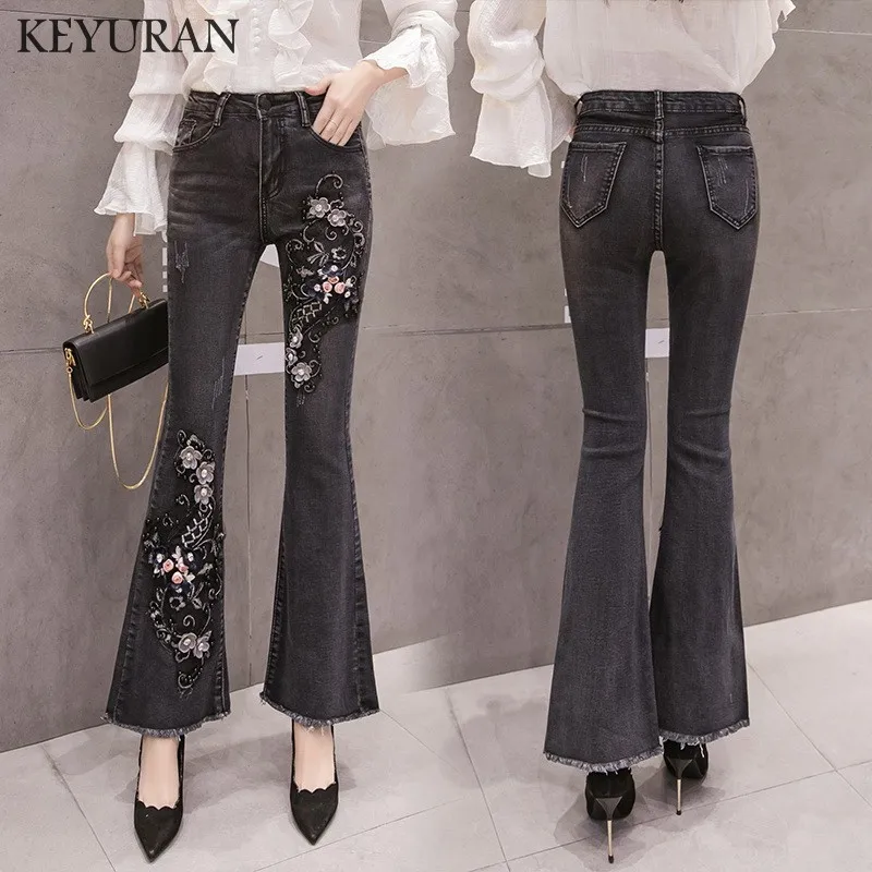 Новинка Женские джинсы-клеш с вышивкой бисером блестками и кисточками