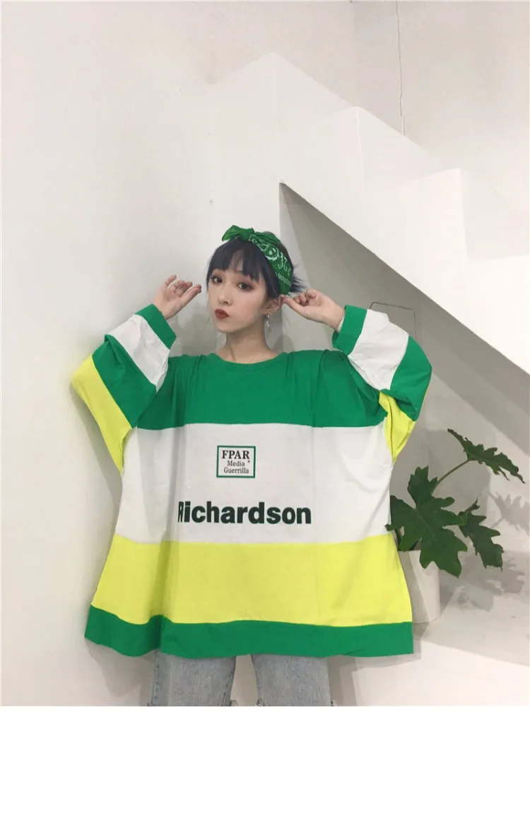 Camisetas Mujer; осенняя одежда в Корейском стиле; Ulzzang Harajuku; Лоскутная футболка с буквенным принтом и длинными рукавами для женщин; футболки для девочек