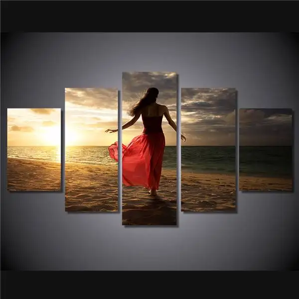 Hd печать 5 шт закат пляж красота красивая женщина задняя Картина декор комнаты