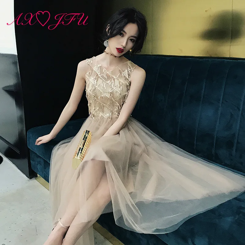 

AXJFU princess golden lace short evening dress vintage o neck illusion beading sequins red lace evening dress little black dress