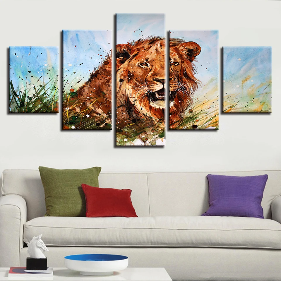 Постеры картины модульные художественные работы 5 шт. животные Лев пейзаж рамки
