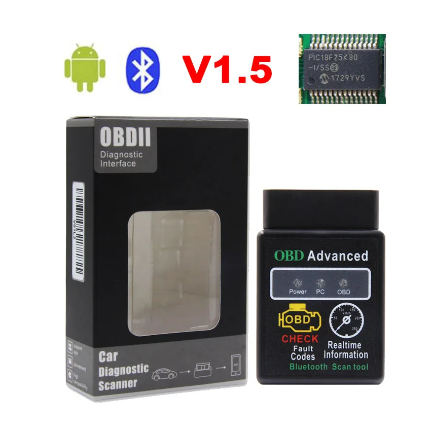 Big Full Black v1.5 Elm327 Bluetooth V1.5 PIC18F25K80 OBD Код считыватель сканер инструмент elm327 V1.5/v2.1 OBDII Автомобильный диагностический для Android/Symbian - Цвет: Big Full Black v1.5