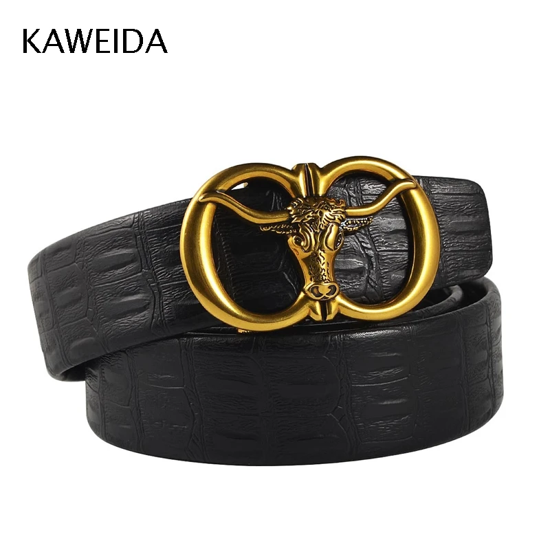 

KAWEIDA 2018 Designer Belts High Quality Men Fashion Luxury Gold Bull Head Automatic Buckle Leather Waist Belt for Jeans Kemer