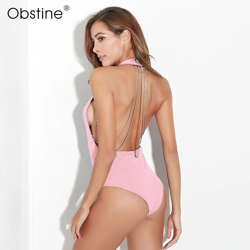 Obstine 2018 пикантные Для женщин Розовый Черный боди Твердые Комбинезоны Лето спинки комбинезон красный блесток