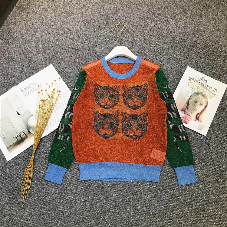 fashion 2018 new summer cat snake Intarsia thin sweater Gold and silver lurex hollow out knitting cute pullover women A-043 | Женская